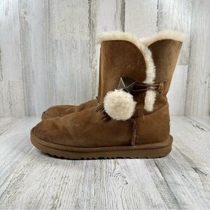UGG Lillian II Brown Leather Pom Pom‎ Winter Ankle Boots #1125